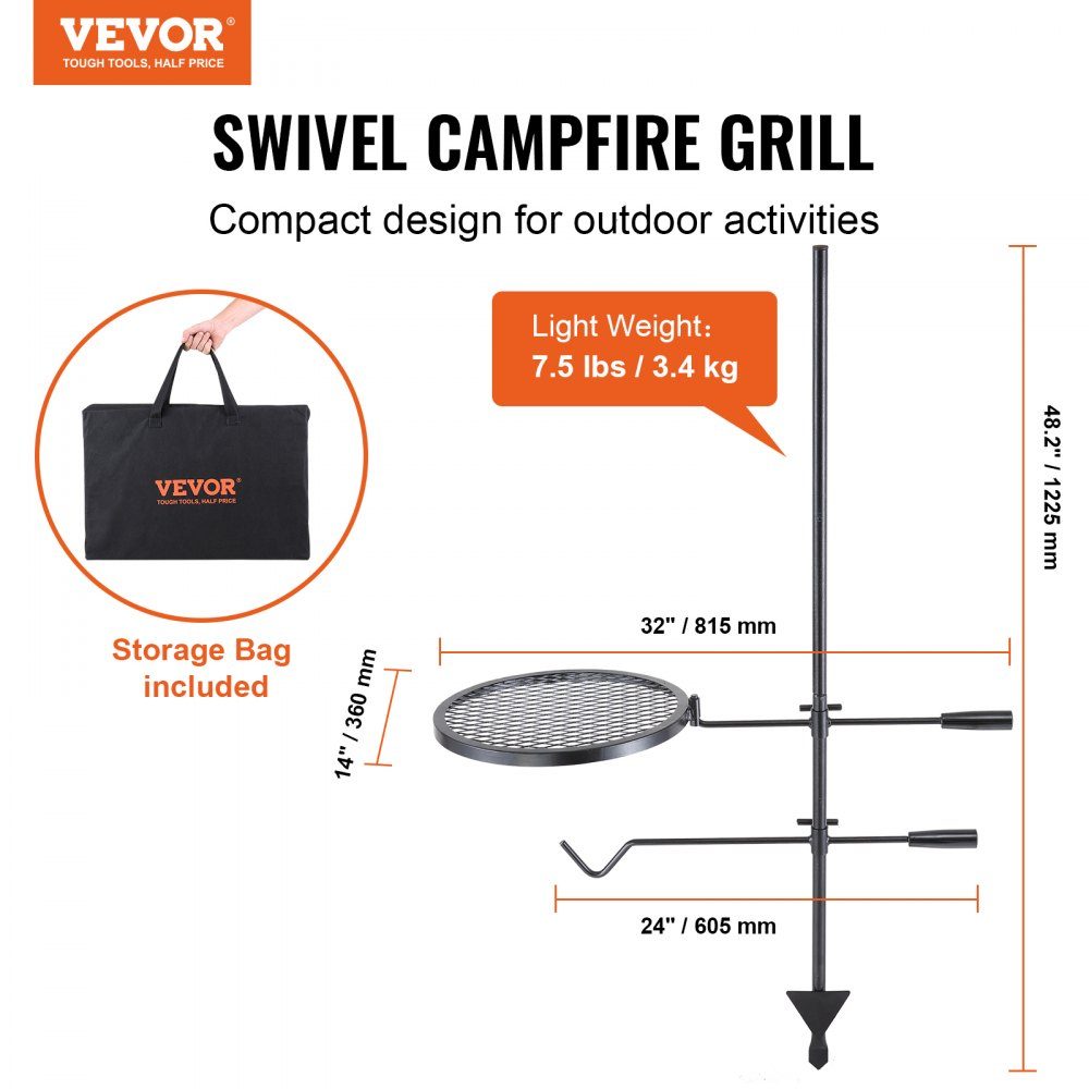 Drehspieß-Schwenkgrill aus Stahl 360 x 360 mm, Holzkohlegrill, doppellagiger Grillrost, Grillrost, 6 kg Tragkraft, 300 ℃, freistehender Spießbratengrill, BBQ-Grill, Grillwagen, Grill im Freien