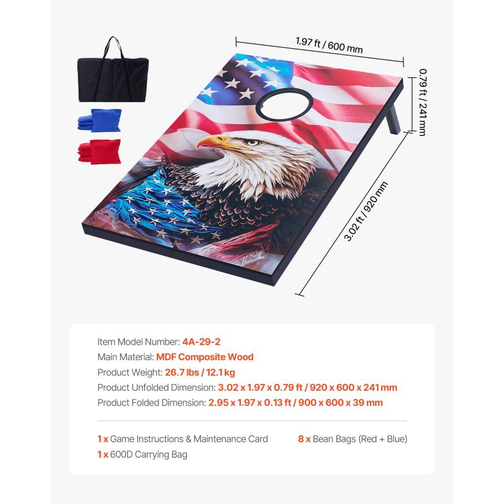 Cornhole Game Set (920 x 600 x 241mm) Cornhole Game Boards Portable MDF Wooden Throwing Board Cornhole Game for Adults Includes 8 Bean Bags and Carry Bag for Garden Backyard Beach