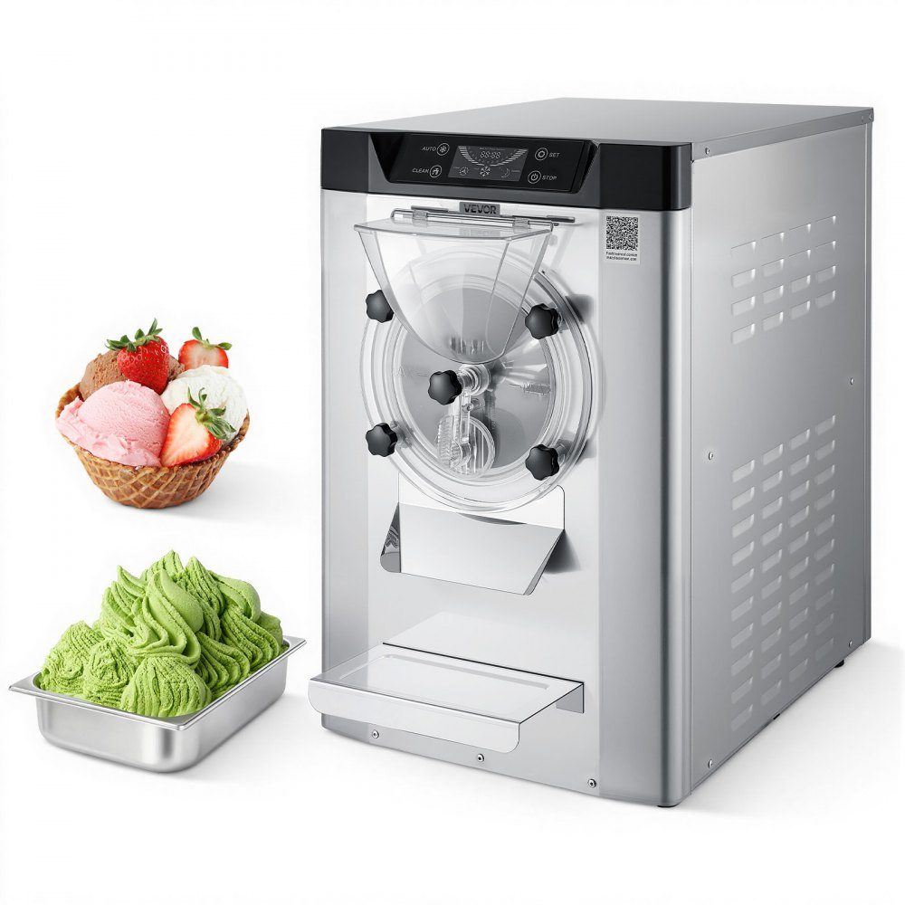 Commerciële ijsmachine, ijsmachine, 2000W, 12-20L/H, gelato-machine op aanrecht met 6L roestvrijstalen (304) container en zelfreinigend LED-bedieningspaneel voor snackbars, restaurants, zilver