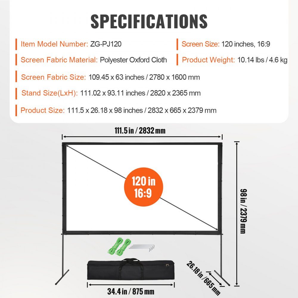Projection Projector Screen with Stand, 120" HD 4K Outdoor Indoor Projector Screen, Quick Fold Portable Movie Screen 16:9 for Home Theater, Camping, Casual Events, etc. Black