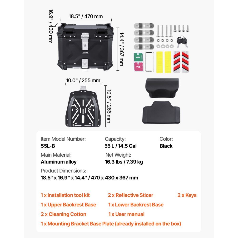 Motorrad-Topcase, Motorradkoffer, 55 l, Aluminiumlegierung, Heckbox mit Lederfutter, abnehmbare Motorrad-Topbox mit Schloss und Rückenpolster, Helmkoffer (470 x 430 x 367 mm), Schwarz