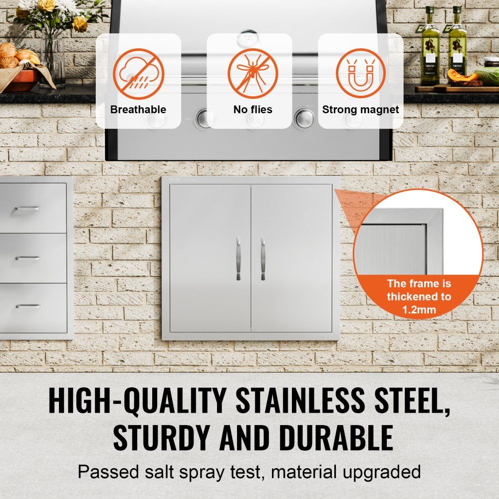 Grill Access Door 660x609mm Double Outdoor Kitchen Door Flush Mount Stainless Steel Door Vertical Wall Door with Handles for Grill Island Grill Station Outdoor Cabinet