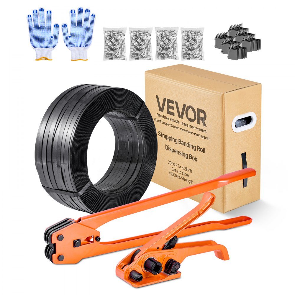 6-piece strapping set with strapping tape, manual strapping tool with 610 m PET tape, 600 metal clips, 200 edge protectors, perfect workshop equipment for packaging, transport and storage
