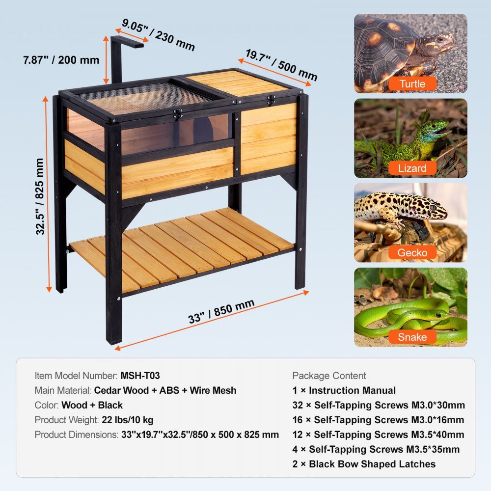 Turtle Habitat, Indoor Outdoor Wooden Turtle House, Turtle Enclosure with Light Stand, Reptile Enclosure, Small Animal Cage with Legs for Gecko, Lizard, Snake