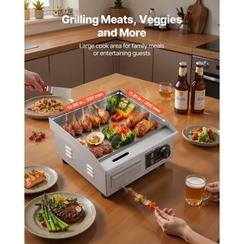 Plaque de grill électrique 2000 W 355 x 300 mm (surface de grill), 50-300 °C Plaque de grill gastro en acier inoxydable (boîtier) plaque de grill de table avec 2 spatules & 2 brosses & 4 repose-pieds, pour steaks, crêpes