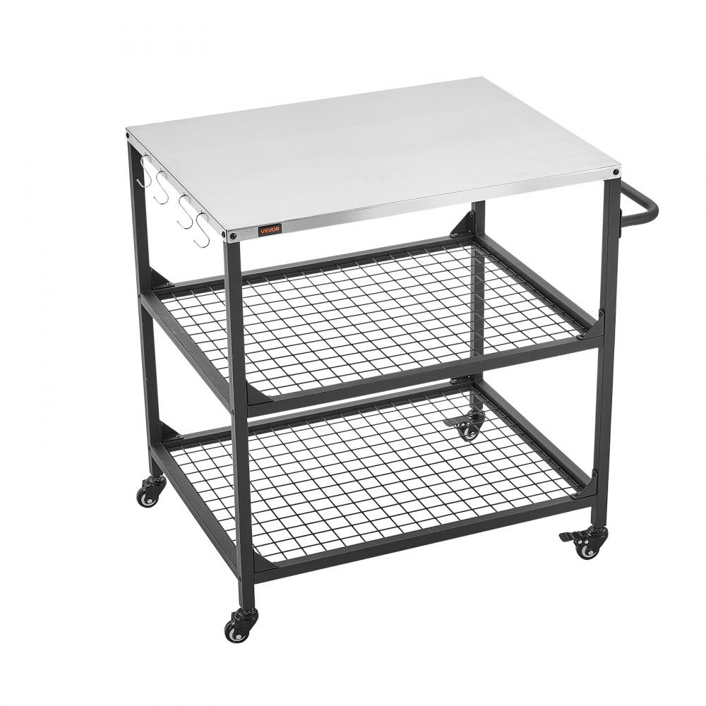 Chariot barbecue extérieur 80 x 61 cm (taille plateau table), table barbecue roulante avec poignée latérale & 2 étagères grillagées & 4 roulettes, table de préparation barbecue, chariot de service pour pique-nique, cuisine, jardin