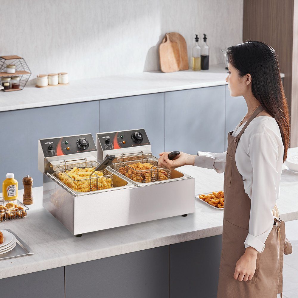 Elektrische Doppelfritteuse Edelstahl 12 L 5000 W, Gewerbefritteuse mit separat steuerbarem Frittierbecken für Restaurants, Cafés, Imbisse