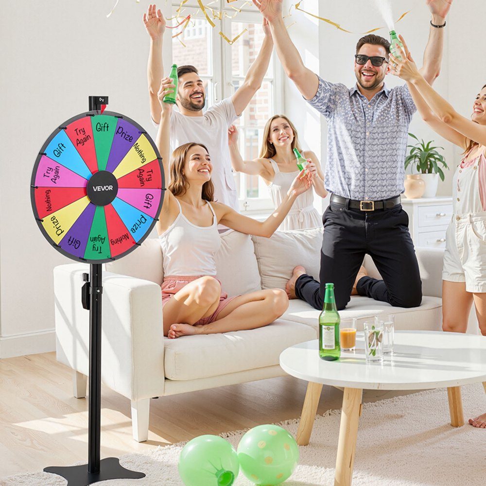 Glücksrad, Spinnrad (61 cm), 14 Fächer, Glücksrad mit Ständer, höhenverstellbar, Lotteriespiele, Gewinnspiel, Roulette, mit Tafelschwamm und 2 Markern, 6 Farben, ideal für Party, Kneipe, Messe