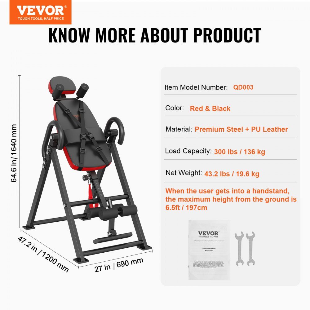 Inversion table, inversion bench, 136 kg load capacity, multifunctional back trainer, folding strength training device with headrest, ankle lock, adjustable protective belt, red + black