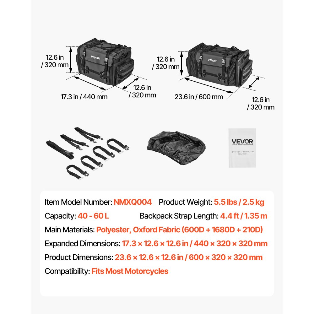 Motorrad-Hecktasche, Rücksitztasche (40–60 l), mit wasserdichtem Regenschutz, Motorrad-Gepäckaufbewahrung, Gepäckträgertasche mit Schultergurt und elastischer Kordel, Motorradgepäck, Schwarz Motorrad-Hecktasche, Rücksitztasche (40–60 l), mit wasserdichtem Regenschutz, Motorrad-Gepäckaufbewahrung, Gepäckträgertasche mit Schultergurt und elastischer Kordel, Motorradgepäck, Schwarz