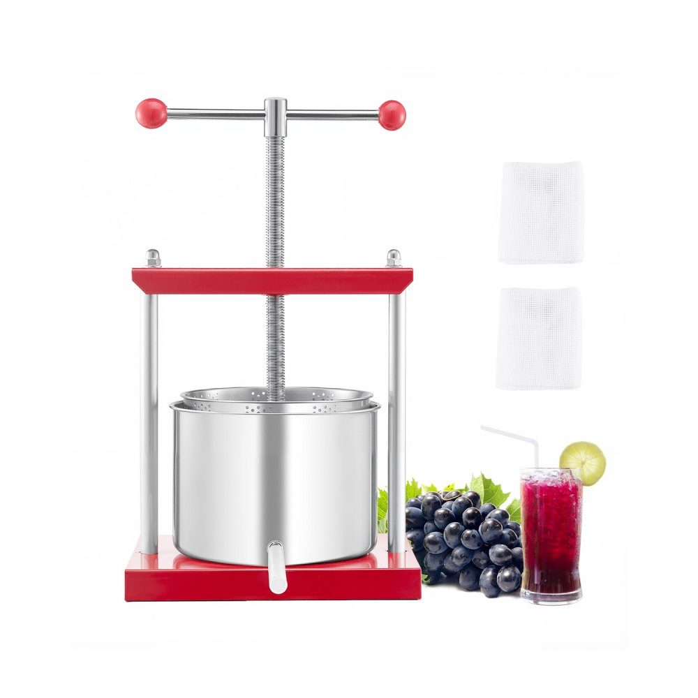 Obstweinpresse, Obstmühle, Apfelmühle (6 l) mit 2 Edelstahlfässern, manueller Entsafter, Apfelweinpresse, Apfelpresse, Traubenpresse, Olivenölpresse, Entsafter mit T-Griff für die Küche zu Hause