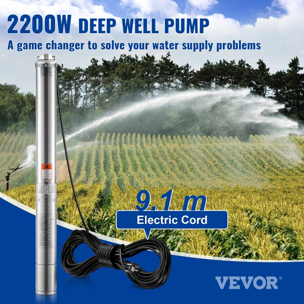Tiefbrunnen-Tauchpumpe, 3 PS/2200 W, 230 V/50 Hz, 9,8 m3/h Durchfluss, 144 m Förderhöhe, mit 9,1 m Stromkabel, Edelstahl-Wasserpumpen für Industrie, Bewässerung und Heimgebrauch, Wasserschutzklasse IP68