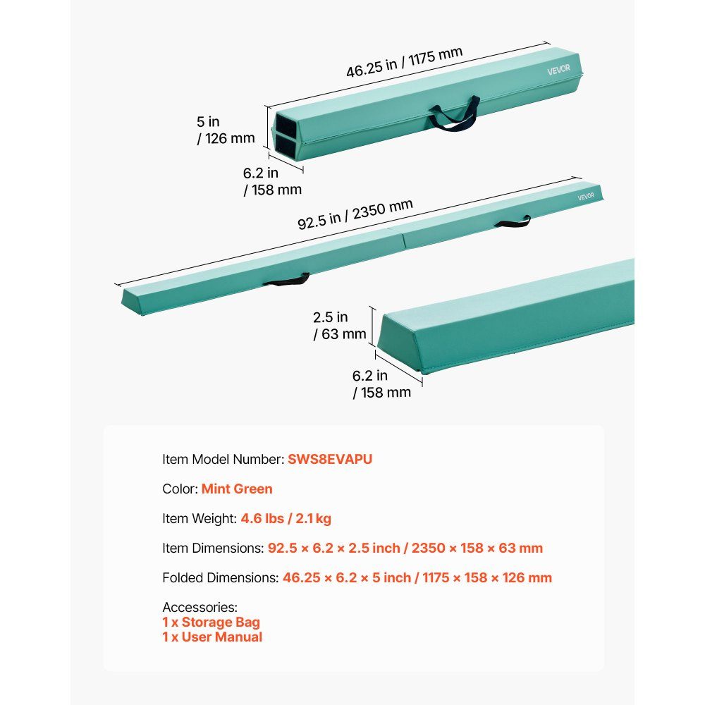 Balance Beam Gymnastics Children's Foldable 2.35 m, 90.7 kg Heavy Duty Gymnastics Beam with Non-Slip Feet, Balance Beam Balancing Beam with Carry Bag for Gym, Mint Green