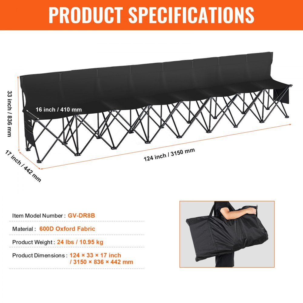Portable Folding Bench 8 Seater Folding Side Bench Outdoor Camping Bench Chair with Carry Bag and Backrest Team Sports Side Bench for Football Fishing No Assembly Required Instant Sit Black