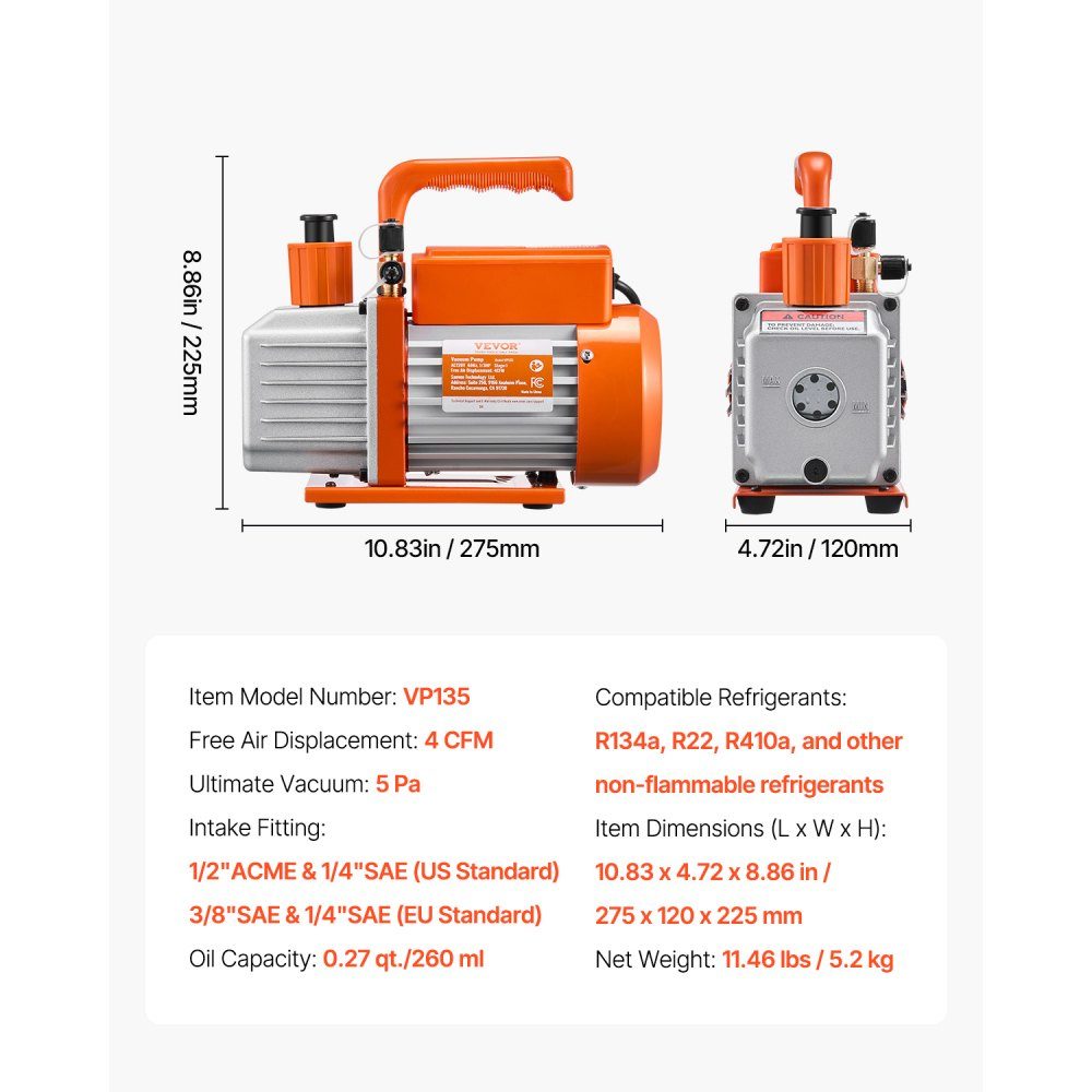 Vakuumpumpe, 4 CFM HVAC, einstufige Drehschieber-Vakuumpumpe für R134a, R22, R410a-Systeme, Auto-AC-Vakuumpumpen-Set mit Ölflasche für die Wartung von Auto-Klimaanlagen und Harzentgasung