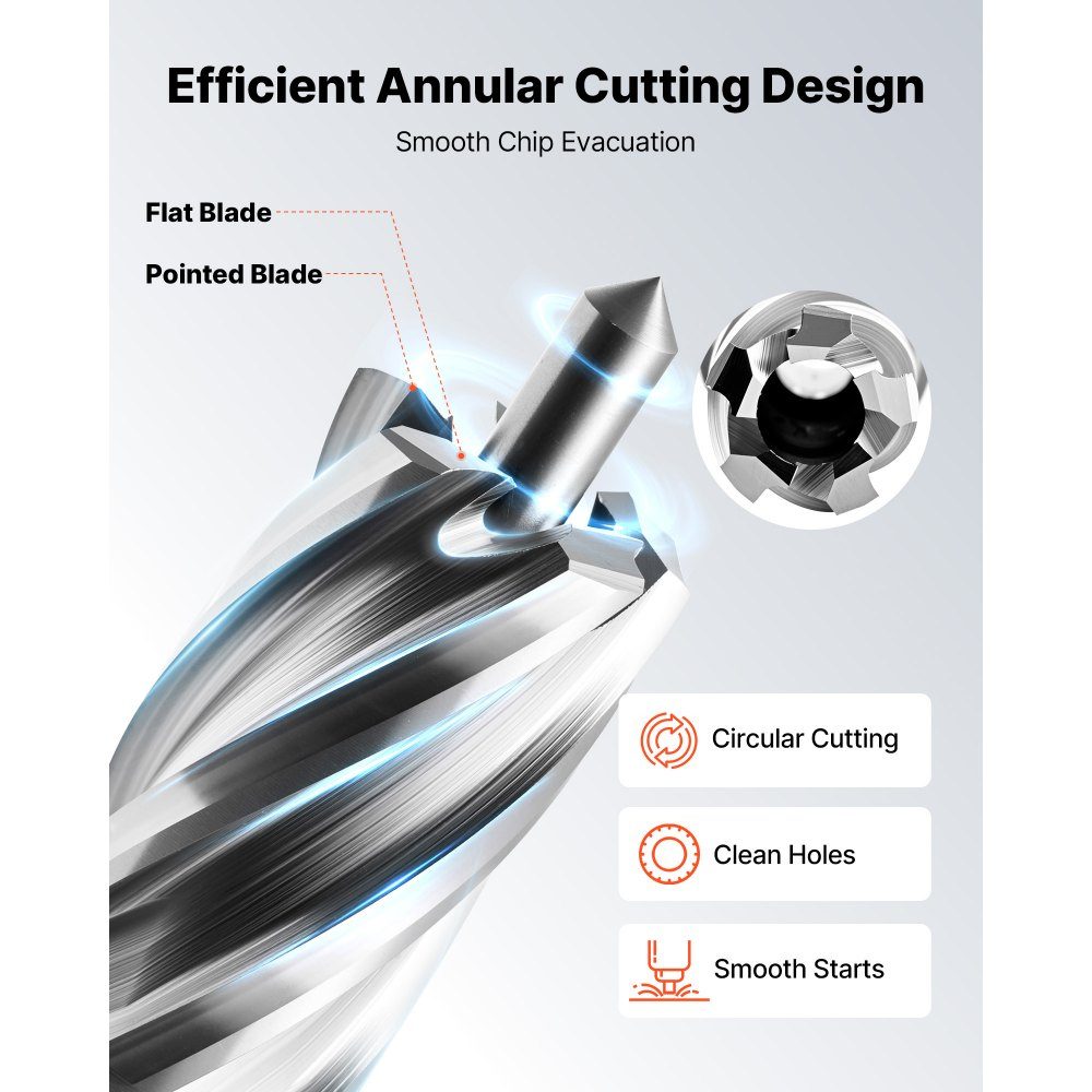 Carottier HSS Arbre Weldon 5 pièces. Diamètre de coupe 12,7/15,87/25,4 mm, 3 forets avec 2 broches de centrage, profondeur de coupe 25,4 mm, 3 boîtes en plastique, idéal pour les forets magnétiques en acier et aluminium