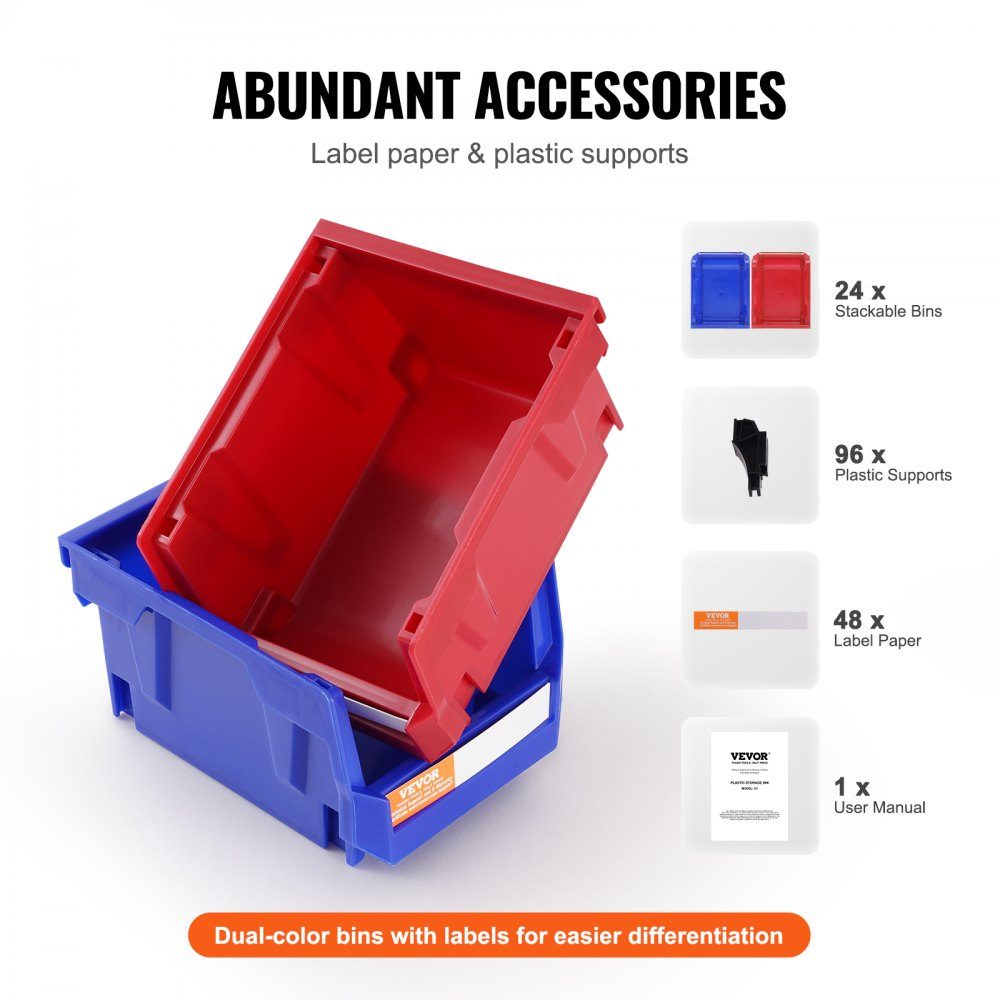 Plastic Storage Containers (5" x 4" x 3") Hanging Stackable Storage Containers Blue/Red Pack of 24 Heavy Duty Stacking Containers for Organizing Closets, Kitchens, Offices or Pantries