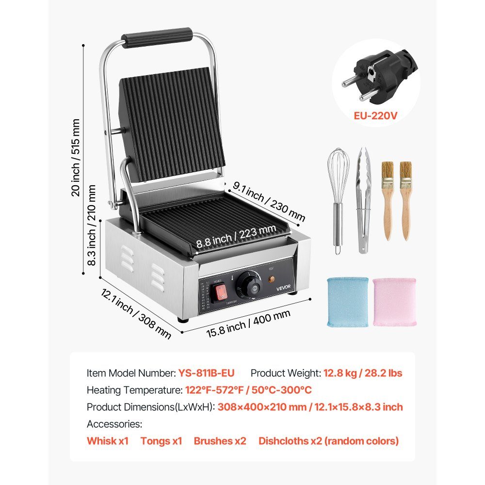 Commercial Panini Grill, Contact Grill 1800W, for Sandwiches, Steak, Bacon, Hamburgers, Sandwich Maker, Stainless Steel Press Grill with Handle & Temperature Controller & 22 x 23cm Heating Plate, Panini Press