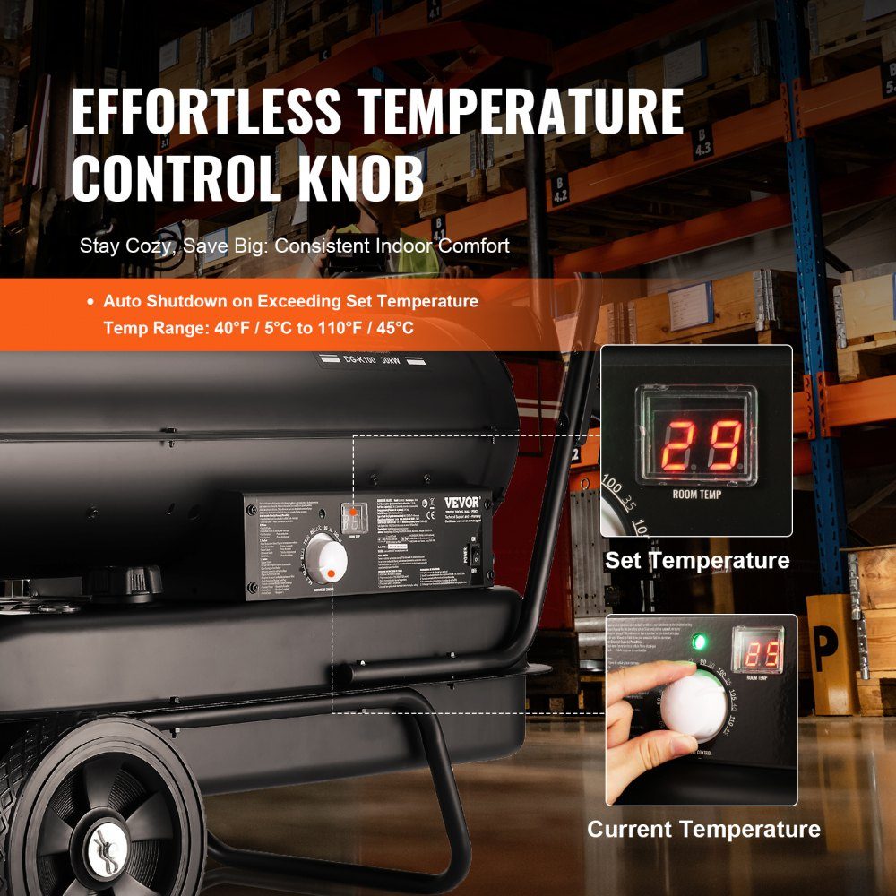 Kerosene/Diesel Hot Air Heater, 100,000 BTU Torpedo Space Heater, Portable with Thermostat Control, 38L Tank, Efficient Indoor Outdoor Kerosene Heater for Home, Construction Site, Industrial, Workshop, Black