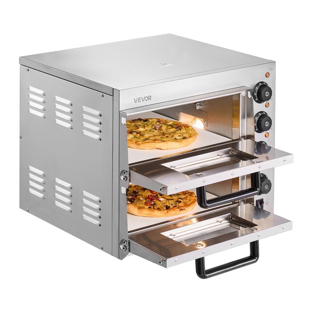 Commercial Countertop Pizza Oven, 14 Inch Double Decker Layer Stainless Steel Electric Pizza Oven with Stone and Handle, Multipurpose Indoor Pizza Machine for Baking Pretzels in Restaurant at Home