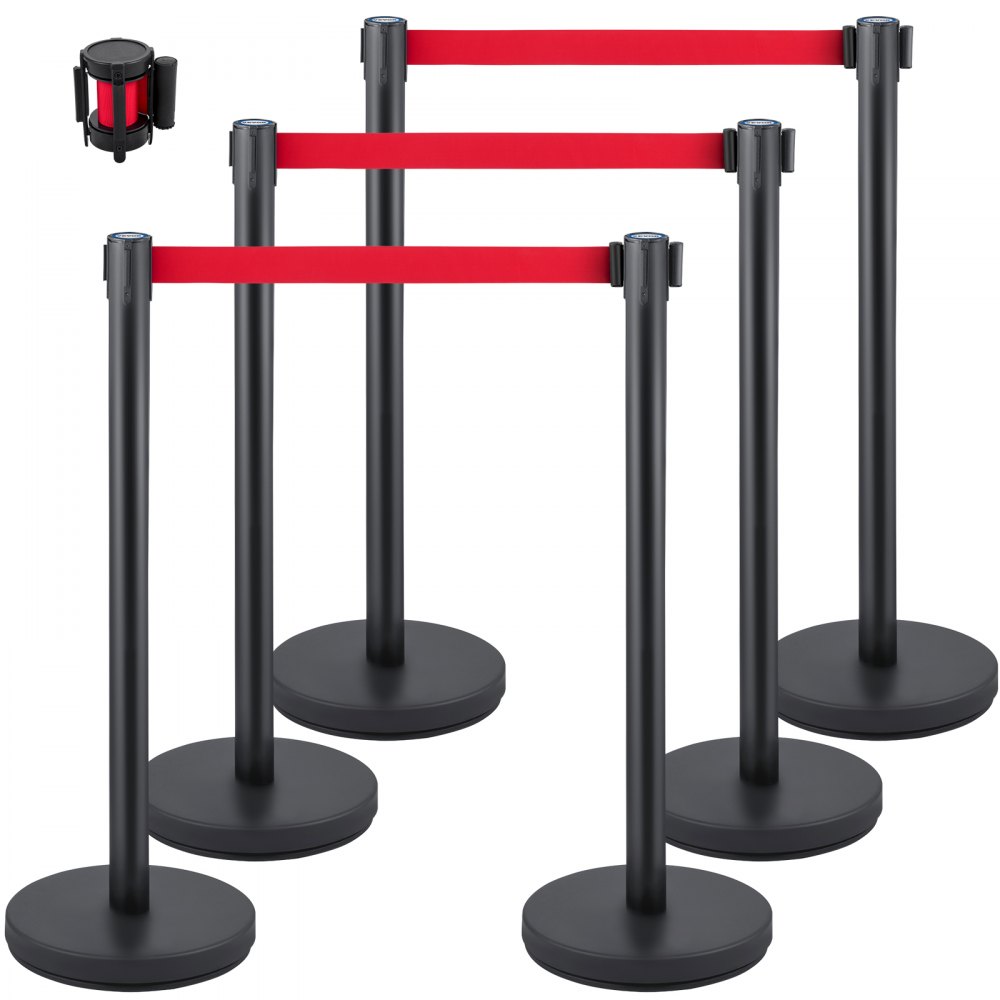 People guidance system 6 stands, 90 cm total height barrier with four-way adapter, demarcation stand, barrier stand with 2 m length belt for airport, stand made of steel iron, black