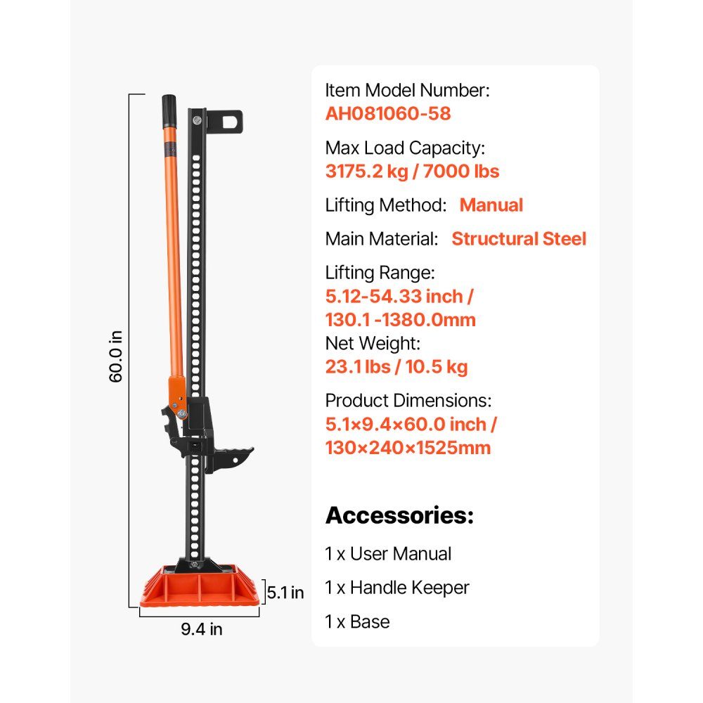 Farm Jack Offroad met basis High Lift Farm Jack (3,18t) Offroad autokrik, bumperkrik, zware lift met hefbereik van 130,1-1380 mm voor tractor, vrachtwagen, SUV