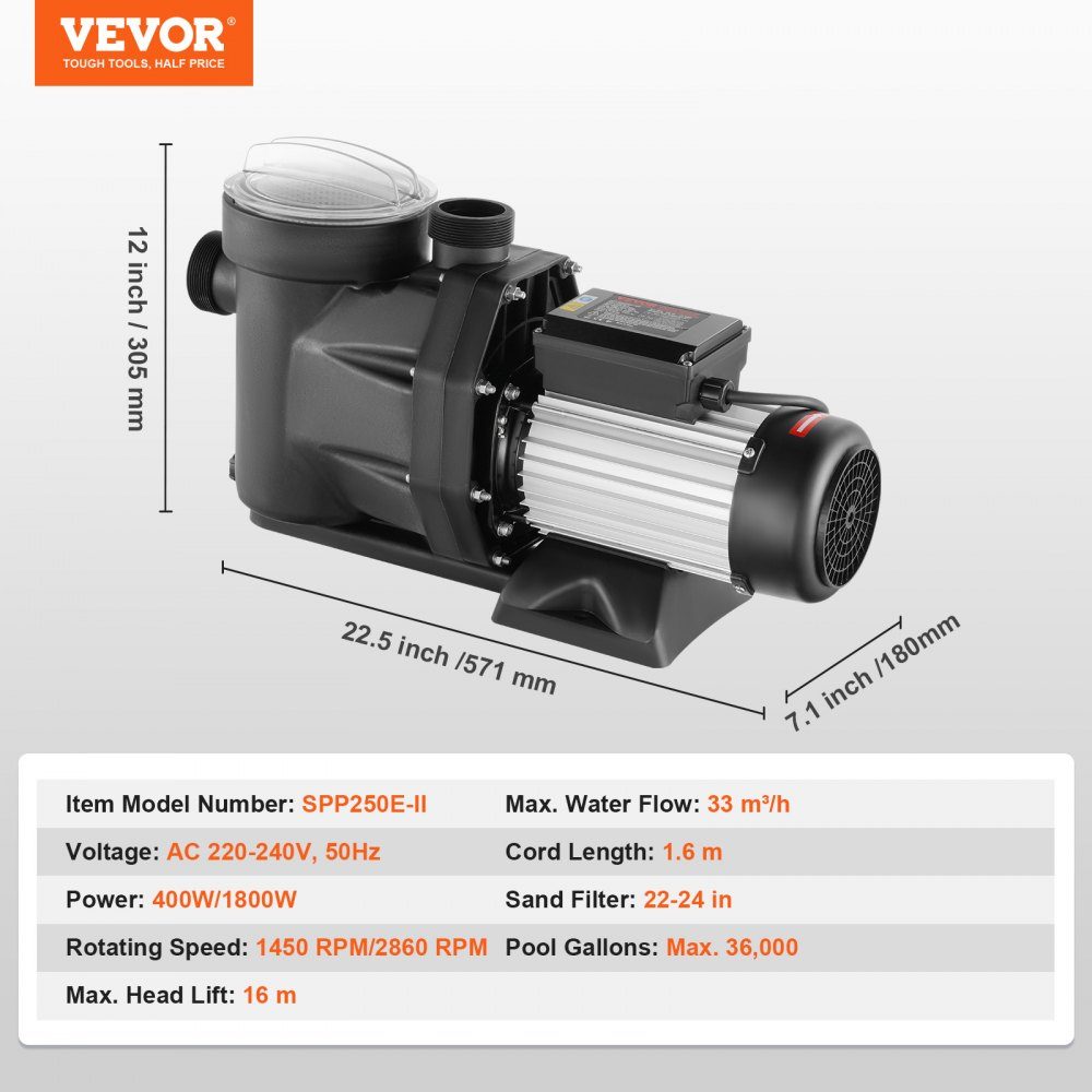 Pompe de Piscine Hors Sol 2HP, 220V-240V, 1450/2860RPM, Pompe Double Vitesse, 1800W, Débit Maximum 33000L/H, Pompe Puissante, Pompe de Piscine à Économie d'énergie pour Piscines Hors Sol, Certification CE