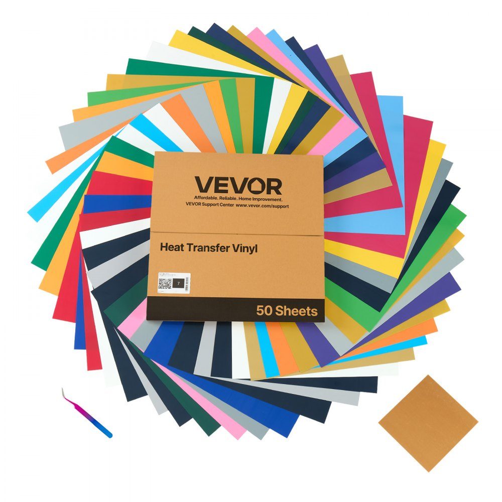 Vinylfolie warmteoverdrachtsfolie (304,8 x 304,8 mm) 50 vellen, diverse kleuren, plotterfilm compatibel met snijmachines, opstrijkfolie voor T-shirts, kussens, hoeden