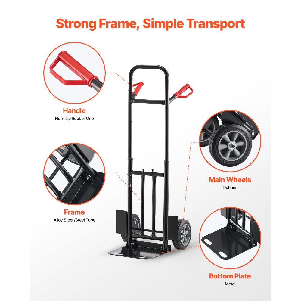 Diable, capacité de charge 272 kg, chariot de transport 480x460x1200mm, chariot portable avec sangle d'arrimage, rouleau de transport, chariot empilable, chariot de transport pour maison, bureau, entrepôt, supermarché
