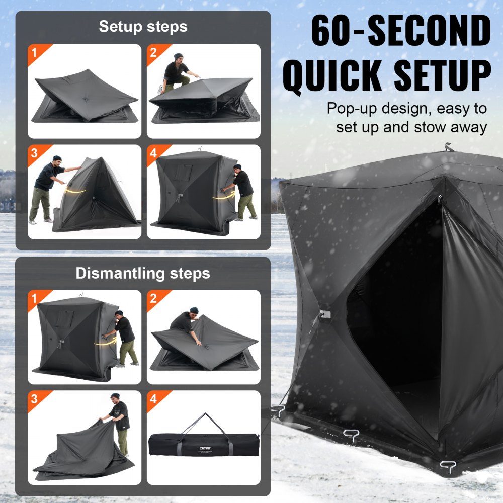 Tente de pêche sur glace portable, tente de pêche sur glace pour 3-4 personnes, tente de pêche, parapluie de pêche, cabane de glace thermique pour la pêche d'hiver, tente avec ancres, cordes, sac de transport, 2,3 x 2,3 x 2 m, noir