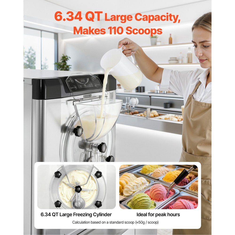 Commerciële ijsmachine, ijsmachine, 2000W, 12-20L/H, gelato-machine op aanrecht met 6L roestvrijstalen (304) container en zelfreinigend LED-bedieningspaneel voor snackbars, restaurants, zilver