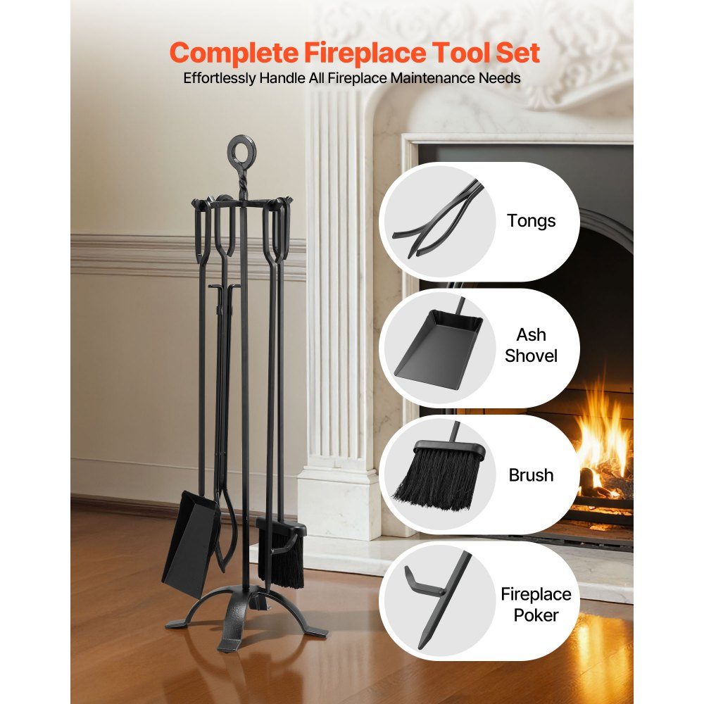 Kaminbesteck-Set, 5-teiliges Herdbesteck-Set, vierzackiger Ständer, Zange, Ascheschaufel, Bürste, Schürhaken, Kamin-Set, schmiedeeisernes Kaminzubehör für Lagerfeuer, Kamin, Schwarz