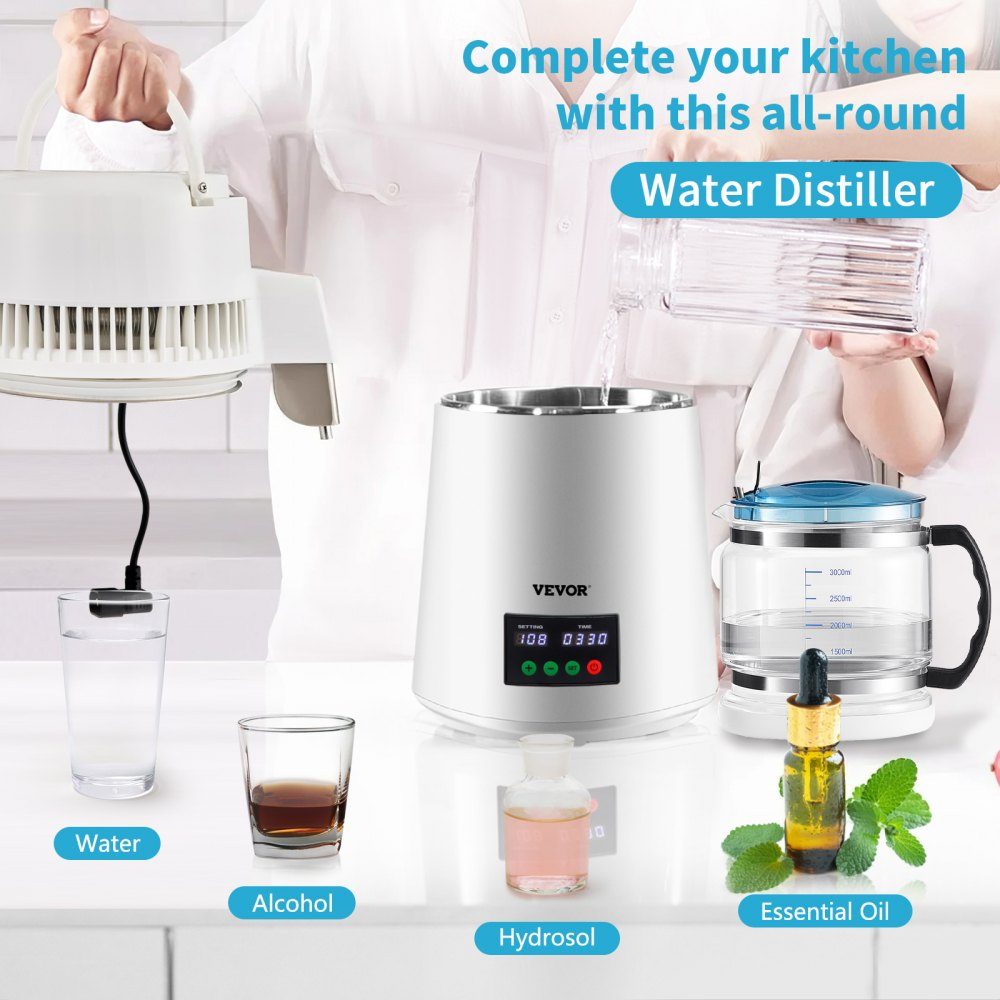 4L waterdestilleerder 750W distilleerder roestvrijstalen waterdestilleerder zuiver waterdestilleerder met glazen kan, waterdestilleerder 1L/uur waterdestilleerder met dubbel temperatuurdisplay