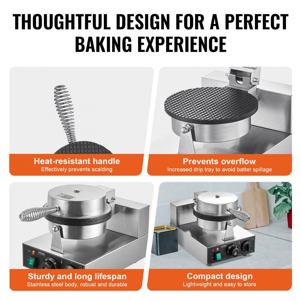 Electric Ice Cream Cone Machine, Commercial Waffle Cone Machine, 1230W Non-Stick Spring Roll Mold with Temperature and Time Control Handle for Restaurant, Bakery, Snack Bar, Family