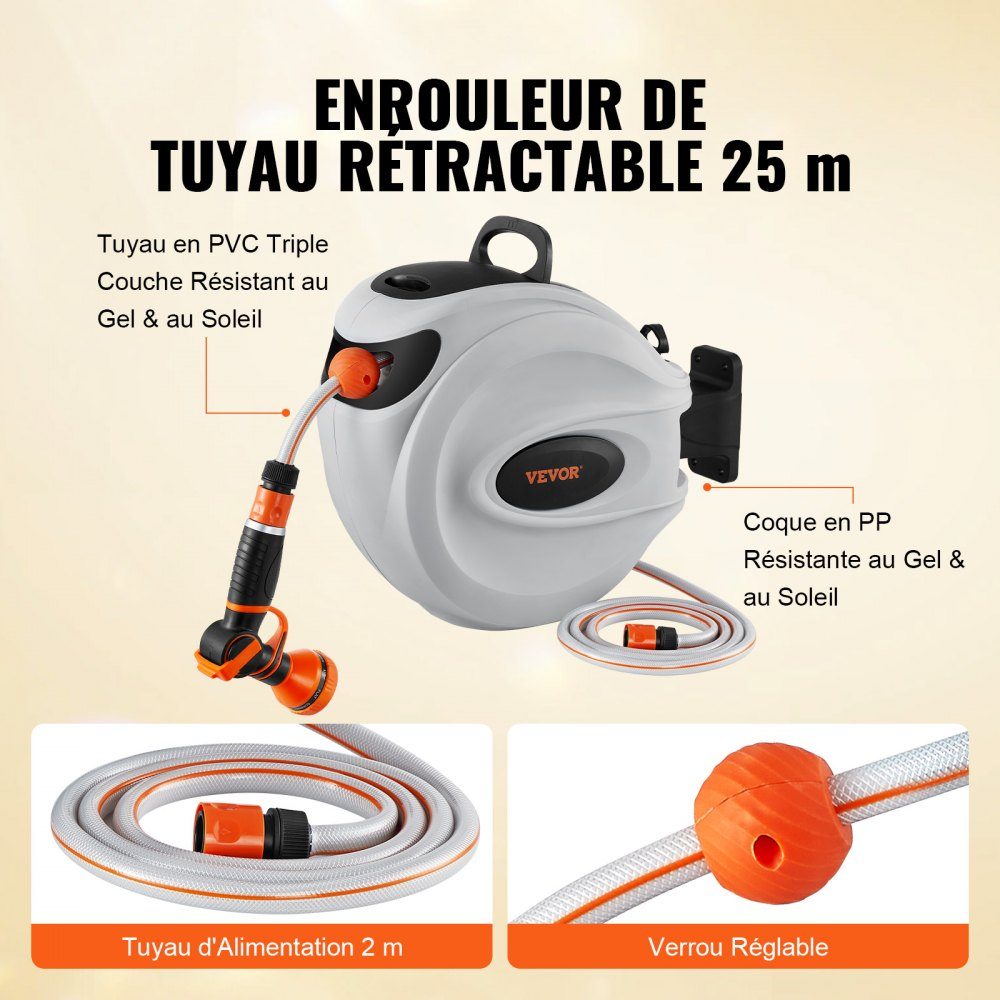 Water hose reel 25mx12mm with wall bracket, carrying handle, hose reel with 9-pattern spray nozzle & garden hose, 180° swiveling wall hose box with automatic drum, irrigation, car washing