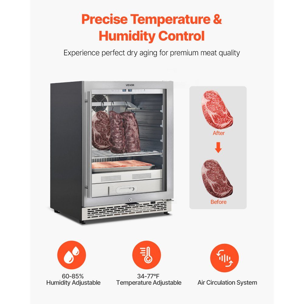 Trockenalterungskühlschrank 45 kg für Steaks, Fleischalterungskühlschrank mit präziser Temperatur- und Feuchtigkeitskontrolle, Rindfleischalterungsmaschine für Haushaltsküche, Restaurant, Hotel