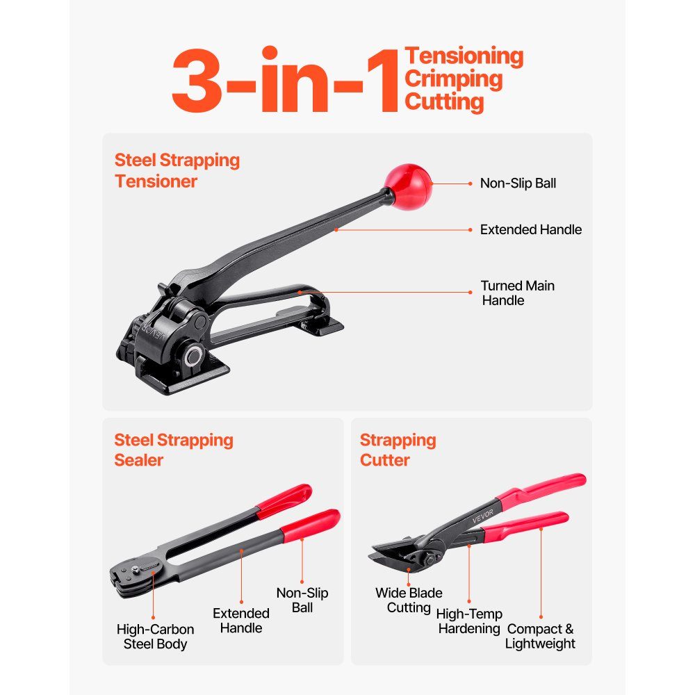 5 piece steel strapping set, manual strapping tool with 183m metal strap, 300 metal clamps and cutters, perfect workshop equipment for industrial packaging, transport and storage