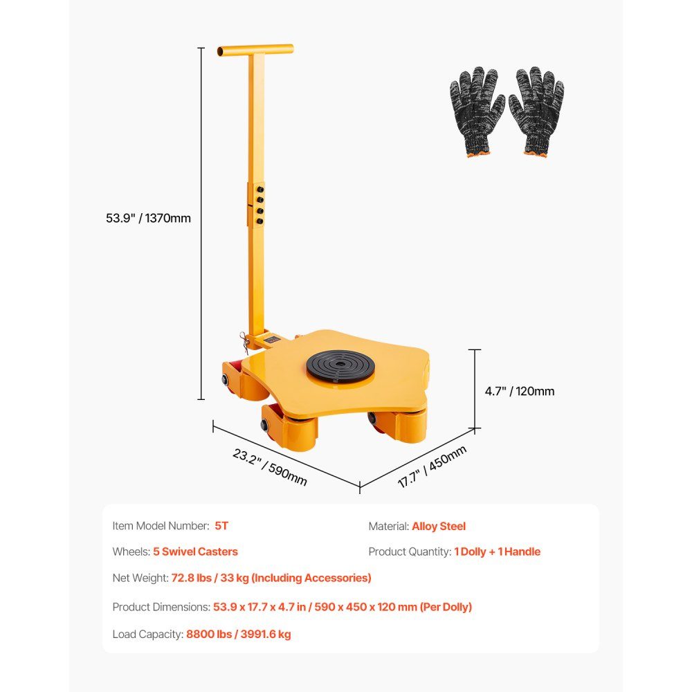 Machine Roller 4T, Machine Transport Roller, Machine Transport Roller with 360° Swivel Cap and PU Swivel Casters, Heavy Duty Industrial Machinery Furniture Trolley with Handle for Warehouse Workshop