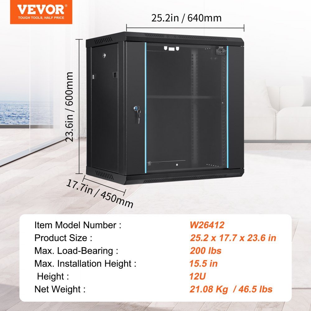12U Wall Mount Network Server Cabinet 15.5" Deep Server Rack Cabinet Enclosure Approx. 200 lbs. Floor-mounted loading capacity, with lockable glass door side panels, for IT equipment, A/V equipment