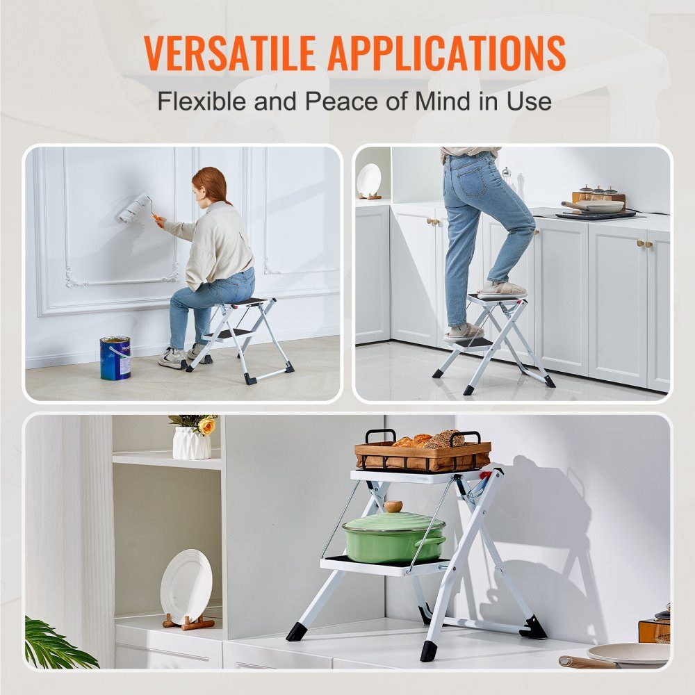 Household ladder 500x480x450mm folding step ladder made of steel step ladder 2 steps step ladder 150kg load capacity folding step double step ladder 445mm high kitchen ladder non-slip step stool