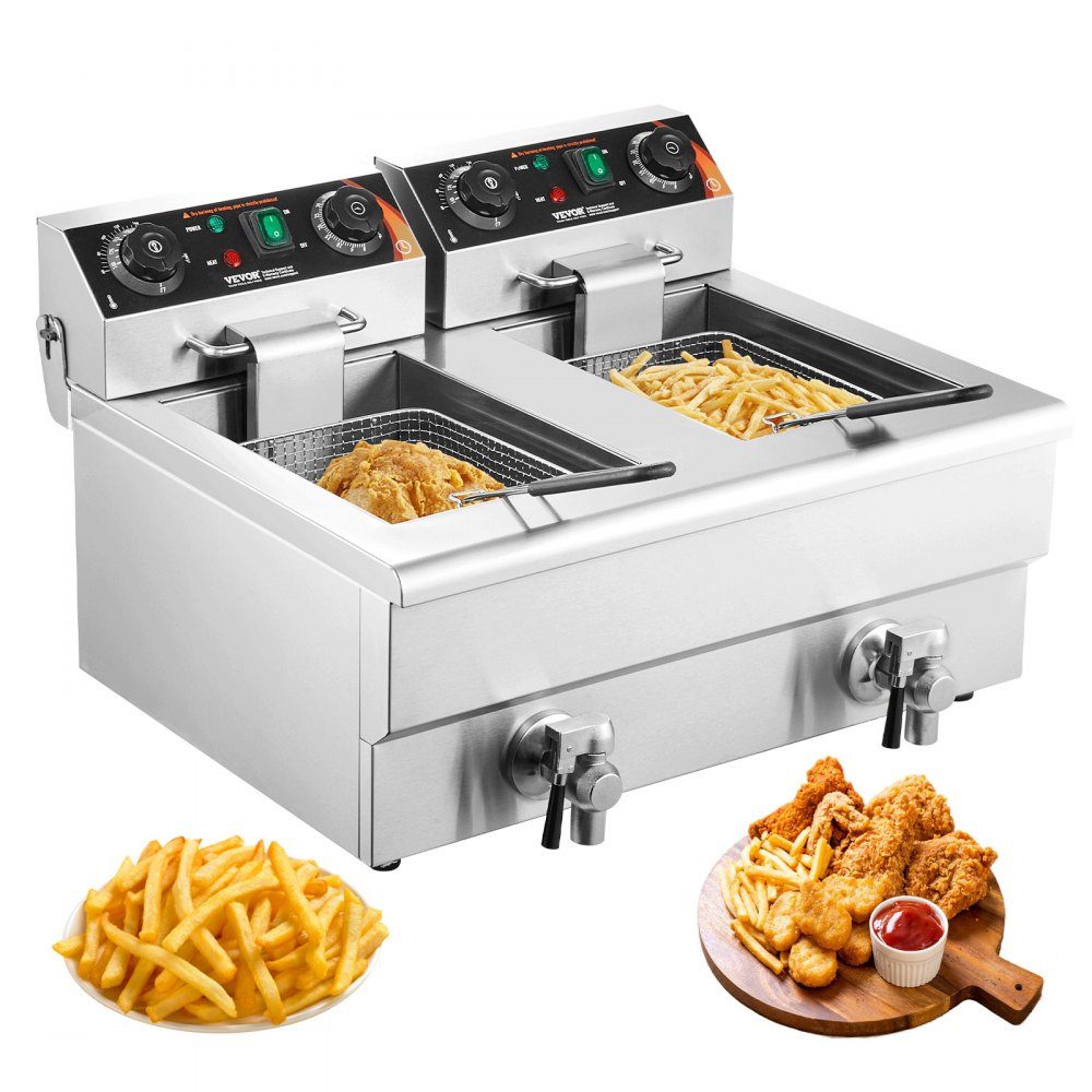 Kommerzielle Fritteuse 2 x 8 l, elektrische 3-kW-Tischfritteuse mit Doppeltank und Korb, Doppelölfritteuse aus Edelstahl, Zeit- und Temperaturregelung, für Küchenrestaurants