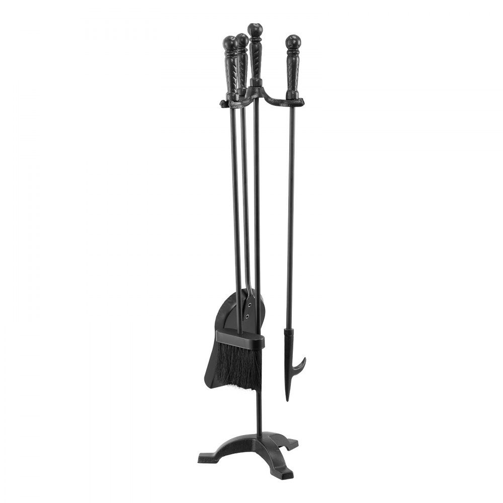 Kaminbesteck-Set, 4-teiliges Herdbesteck-Set, inklusive dreizackigem Ständer, Ascheschaufel, Besen, Schürhaken, schmiedeeisernes Kaminzubehör für Lagerfeuer im Innen- und Außenbereich, Schwarz