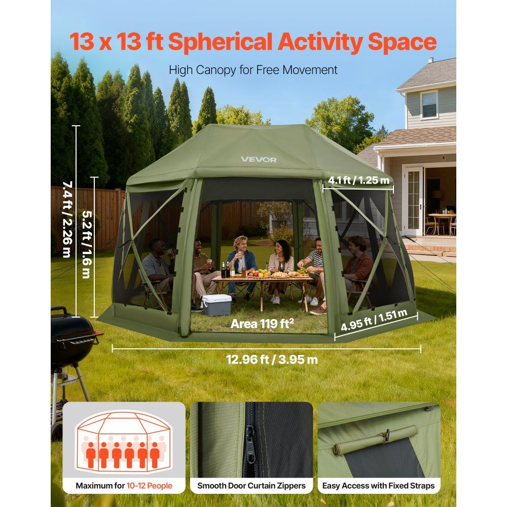 Pop Up Gazebo 12" x 12" 13 Sided Ball Camping Tent with Removable Roof and Carry Bag 360° Ventilation Sun Shade Party Tent for 10-12 People Green