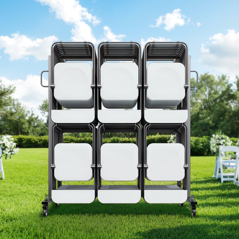Folding Chair Stand, 800 Pound Load Capacity, Chair Cart for 84 Chairs/12 Tables, Double Layer Chair Storage Cart with Rubber Wheels and Brackets, Large Chair Holder, Matte Black