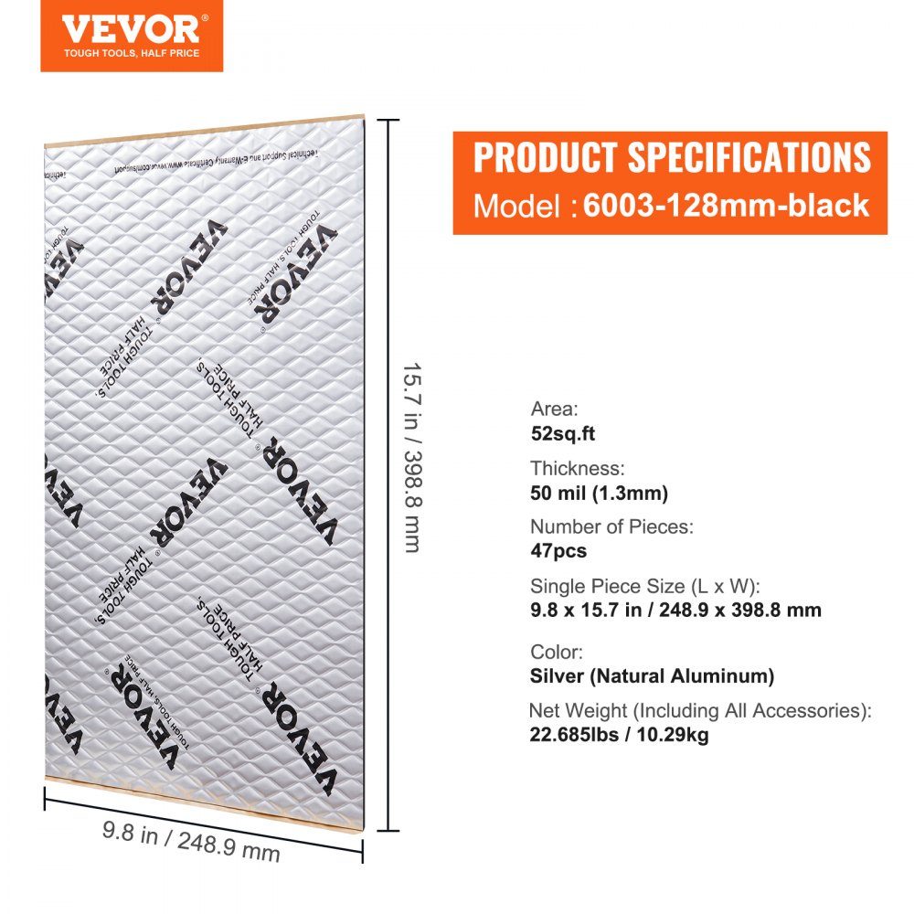 Lot de 47 tapis d'isolation pour voiture, 4,8 m², tapis anti-battement, 248,9 x 398,8 mm, isolation du véhicule, 50 mil (1,3 mm) d'épaisseur, tapis d'isolation phonique en feuille d'aluminium, résistant à la chaleur, isolation phonique, isolation phonique