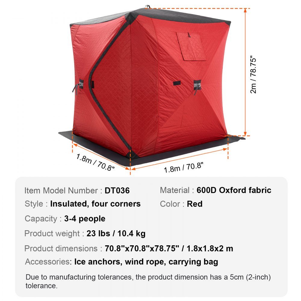 Portable Ice Fishing Tent, Pop Up Ice Fishing Tent for 3-4 People, Fishing Tent, Fishing Umbrella, Thermal Ice Hut for Winter Fishing, Tent with Anchors, Ropes, Carry Bag, 1.8x1.8x2m, Red