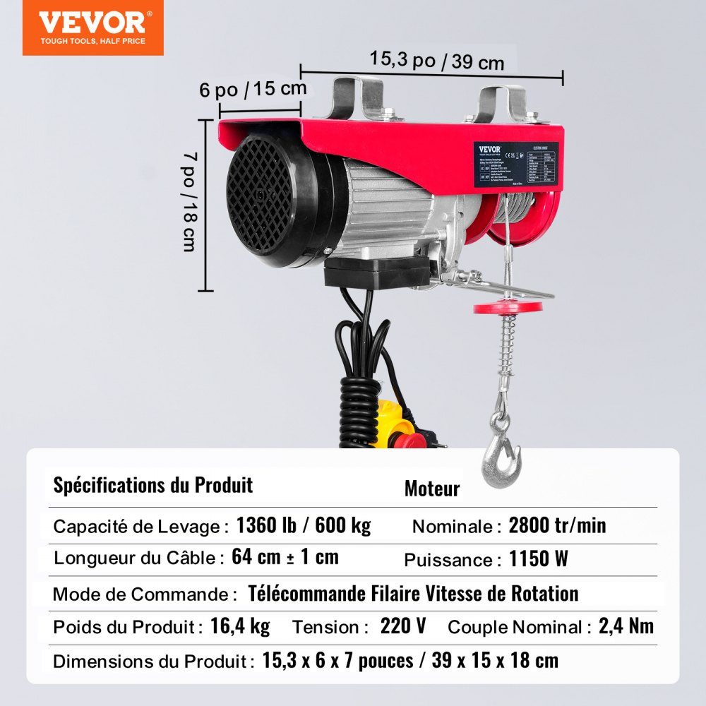 230V elektrische Seilwinde 300kg bis 600kg Hubhöhe 12m Seilzugmotor Winde 1150W Motor Flaschenzug 10m/min Hubgeschwindigkeit Hebezeug mit Kabelfernbedienung Seilzug Kettenzug