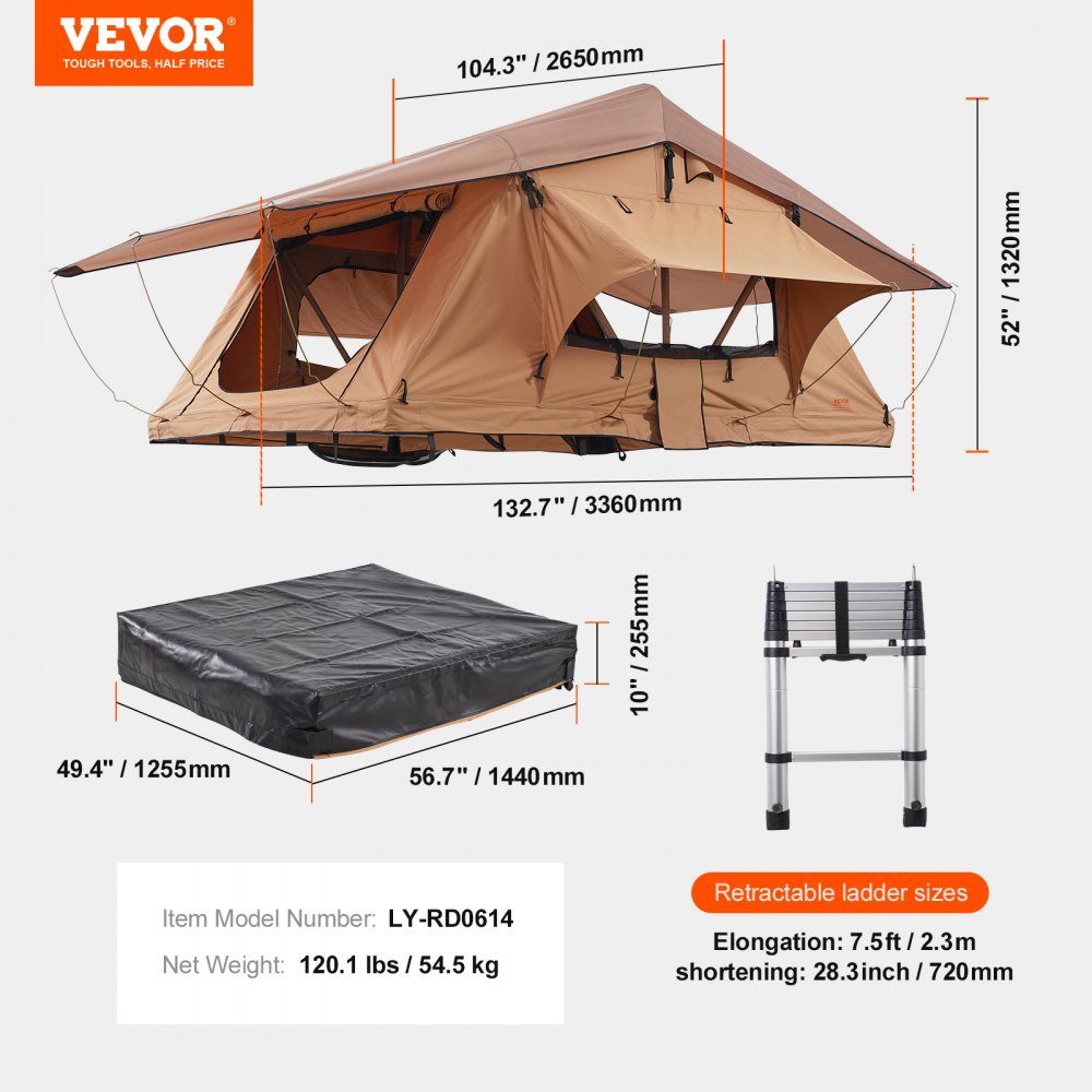 Tente de toit avec coque rigide pour 2 à 3 personnes, tente de toit pliable avec échelle télescopique (capacité de charge de 150 kg), matelas en tissu Oxford imperméable pour Jeep SUV Van Pickup