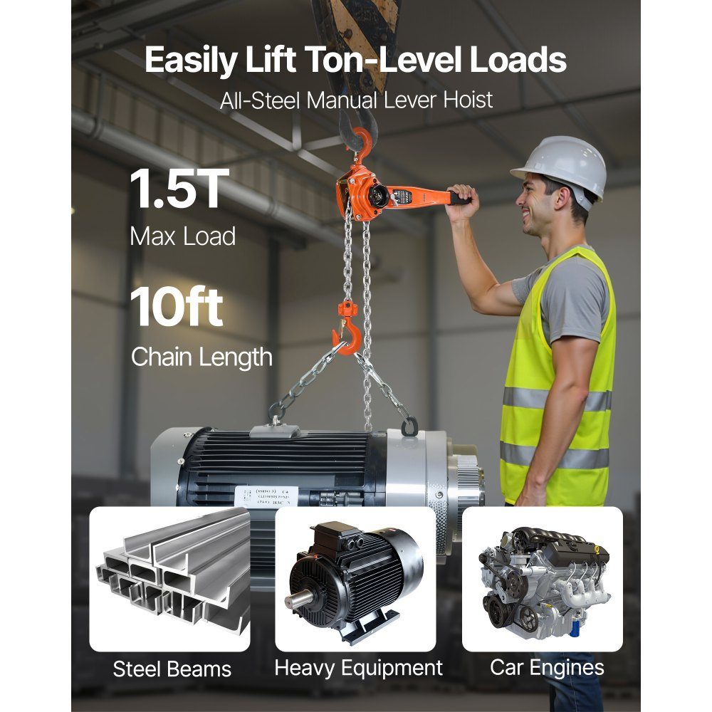 Lever Hoist, 1.5 Ton Capacity Hand Chain Hoist, 3m Stroke, G80 Steel Alloy Chain with Double Pawl Mechanical Brake, Hoist with 360° Swivel Hooks, Ratchet Hoist for Warehouse, Construction, Garage