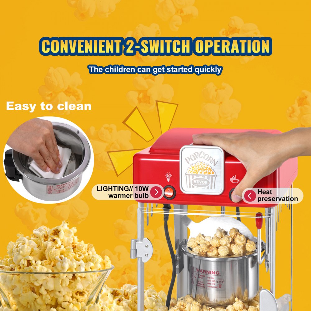 Popcornmaker, 300 W popcornmaker, 2,5 oz waterkoker voor 4QT per lading, popcornmaker op aanrecht met PP-deur, inclusief 2 scheppen en lade, bioscoopstijl, rood Popcornmaker, 300 W popcornmaker, 2,5 oz waterkoker voor 4QT per lading, popcornmaker op aanrecht met PP-deur, inclusief 2 scheppen en lade, bioscoopstijl, rood
